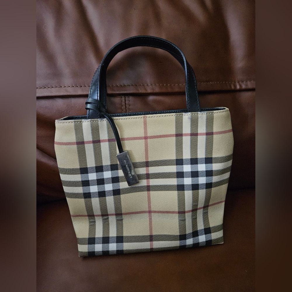 Burberry Cream and Black Mini Tote Bag Iconic Check Pattern Gently Used